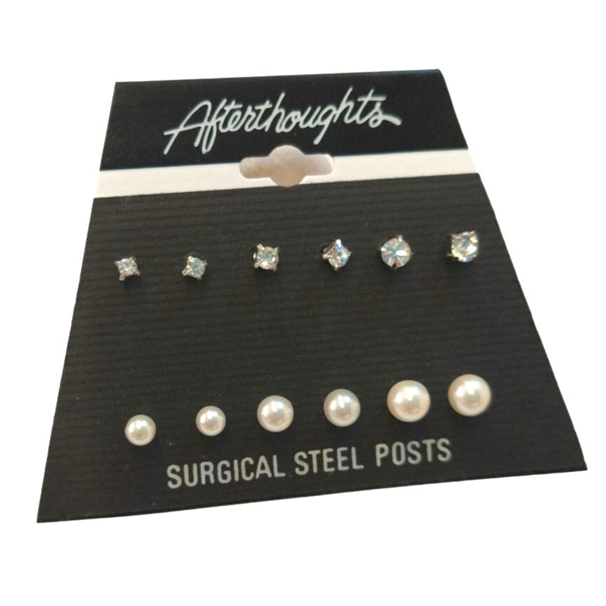 Aftertoughts 6 Pairs of Dainty Stud Earrings Pearls & Round Cut Crystals Posts