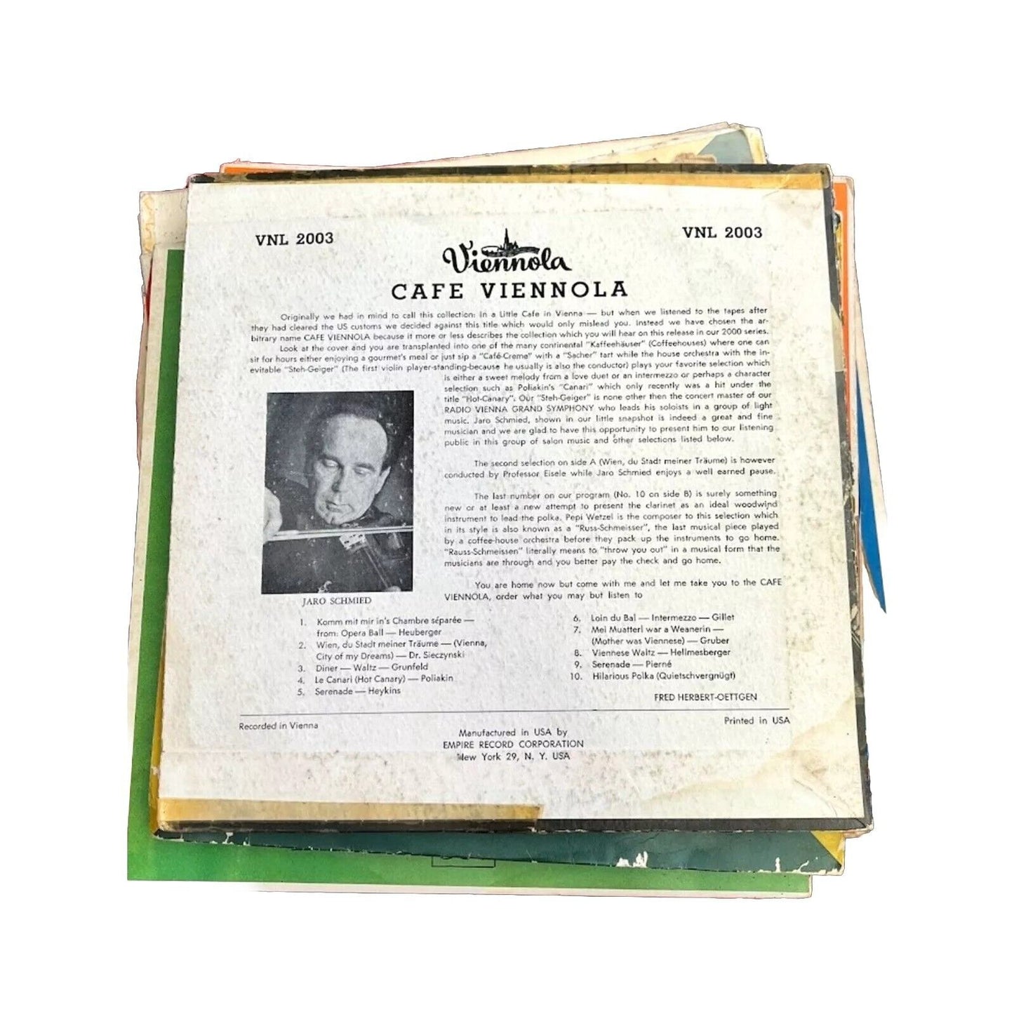 Jaro Schmied And Company-Cafe Viennola, Viennola VNL 2003 Vinyl Lp 10" Record