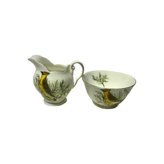 Royal Tuscan England Cream Pitcher & Open Sugar Bowl Gold Rim Bone China Bird