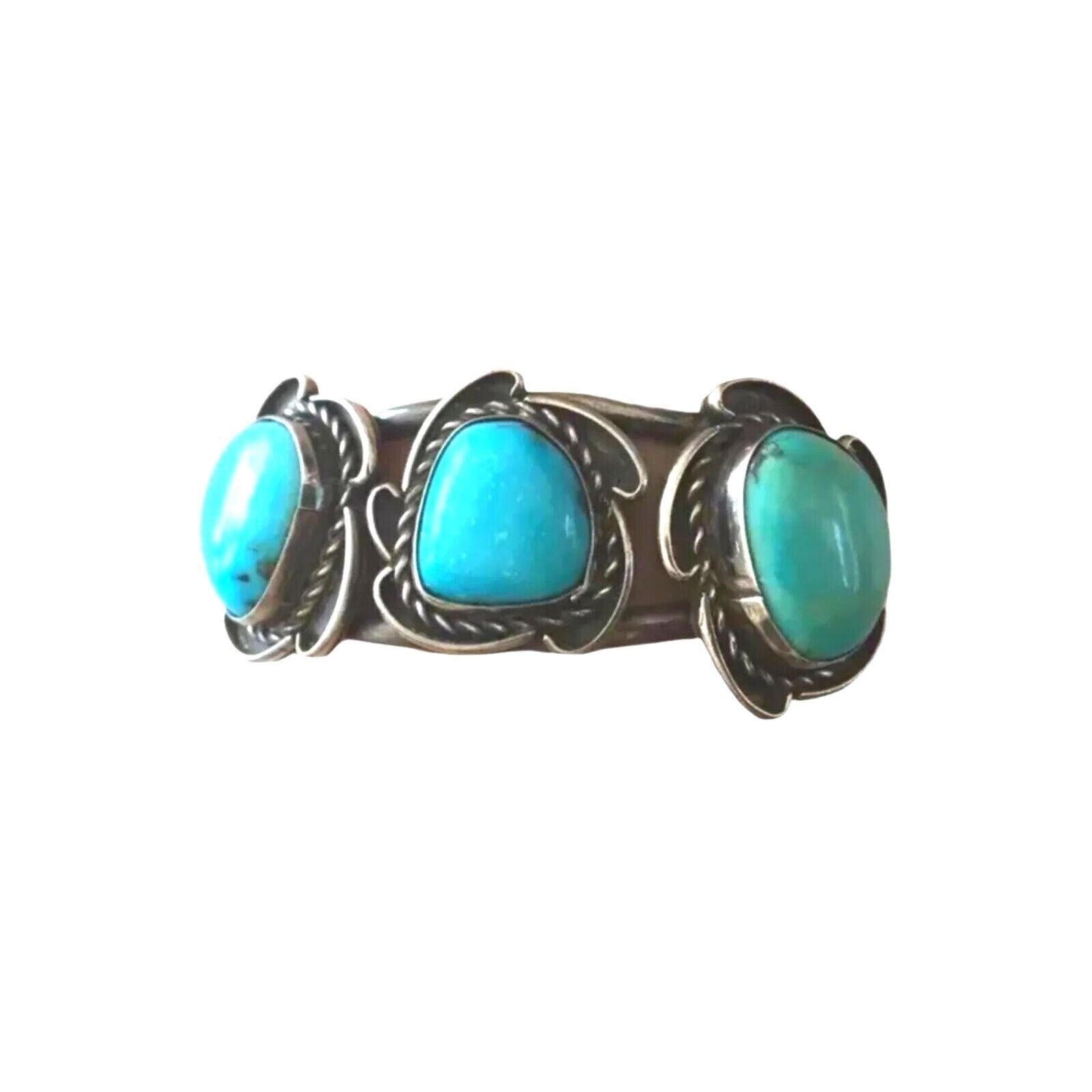Vintage Navajo Native Indian Cuff Bracelet: Sterling Silver 3 Blue Turquoises