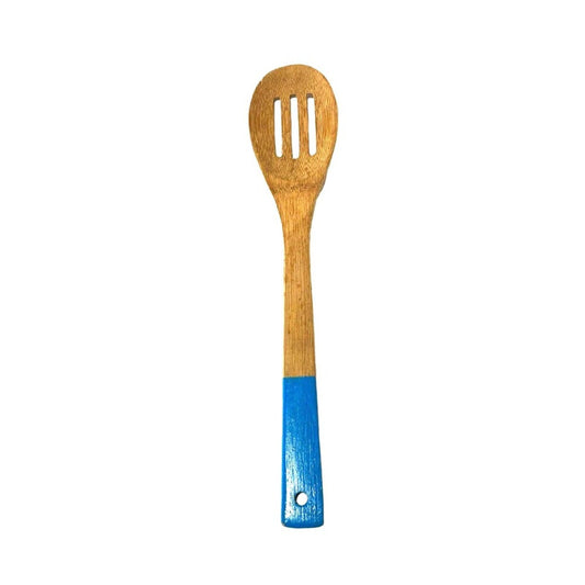 Frying Slotted Wooden Spoon Blue Handle Kitchen Utensil Flip Wok Cooking