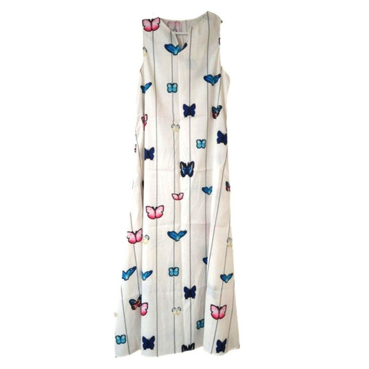White Butterflies Maxi Dress with Pockets Size L Sleeveless