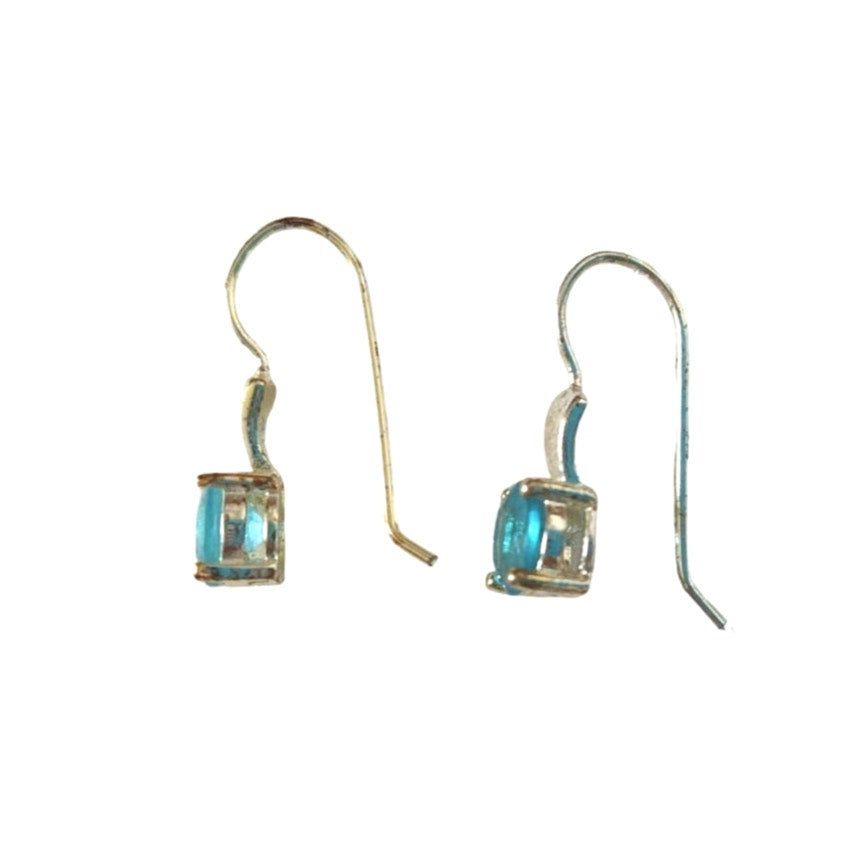 Round Cut Blue Tourmaline Dangle Earrings Signed Sterling Silver 925 Hook