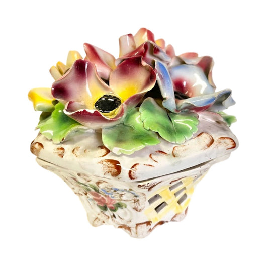 Vintage Italian Nigelle Floral Ceramic Trinket Box, 1950s Stamped Italy