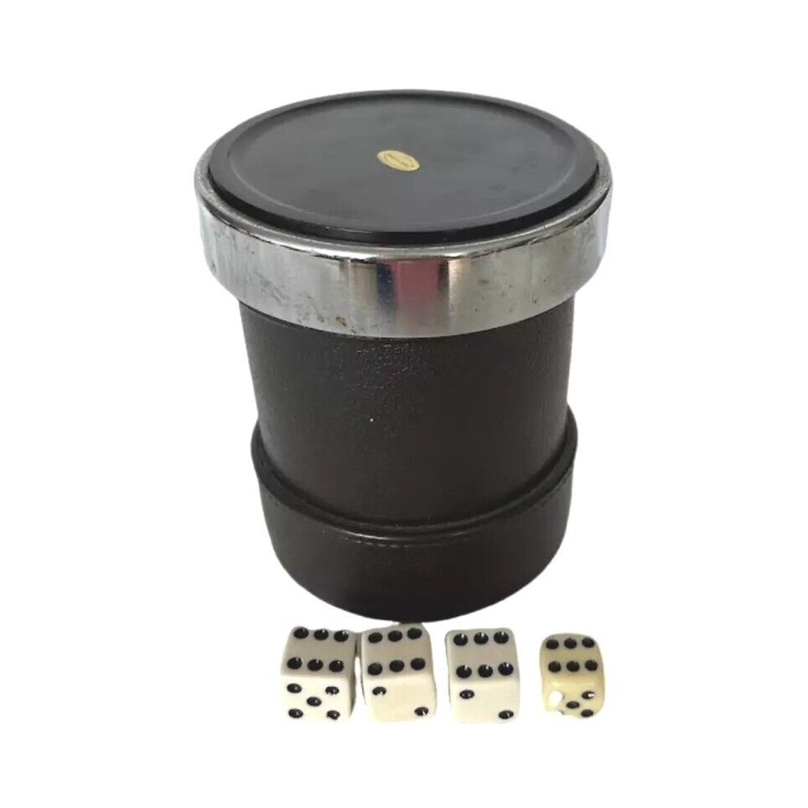 Vintage Black Round Dice Cup LUCKICUP Oakland Calif Ribbed Interior w 4 Dices