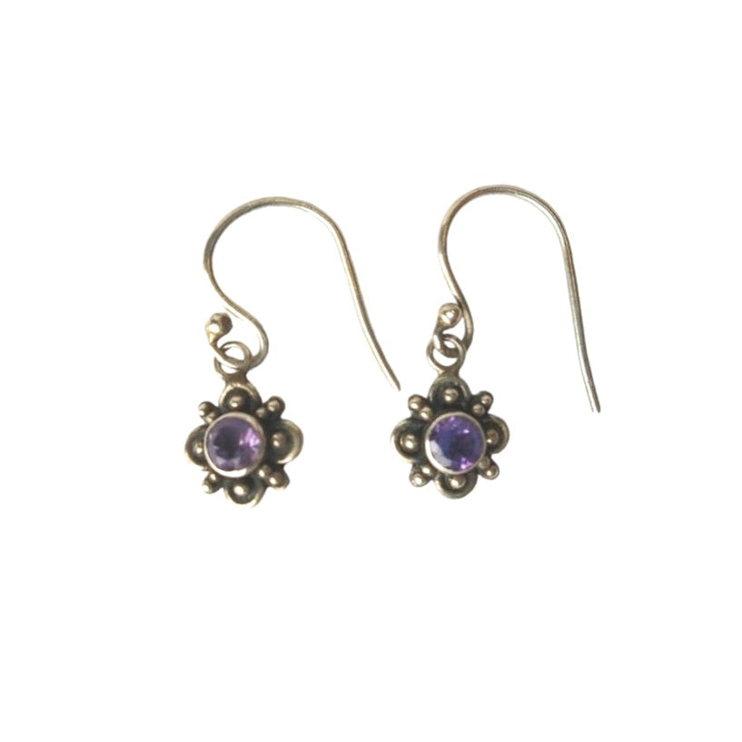 Vintage Art Nouveau Round Cut Amethyst Dangle Earrings Sterling Silver 925 Hook