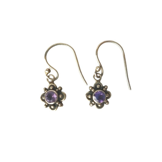 Vintage Art Nouveau Round Cut Amethyst Dangle Earrings Sterling Silver 925 Hook