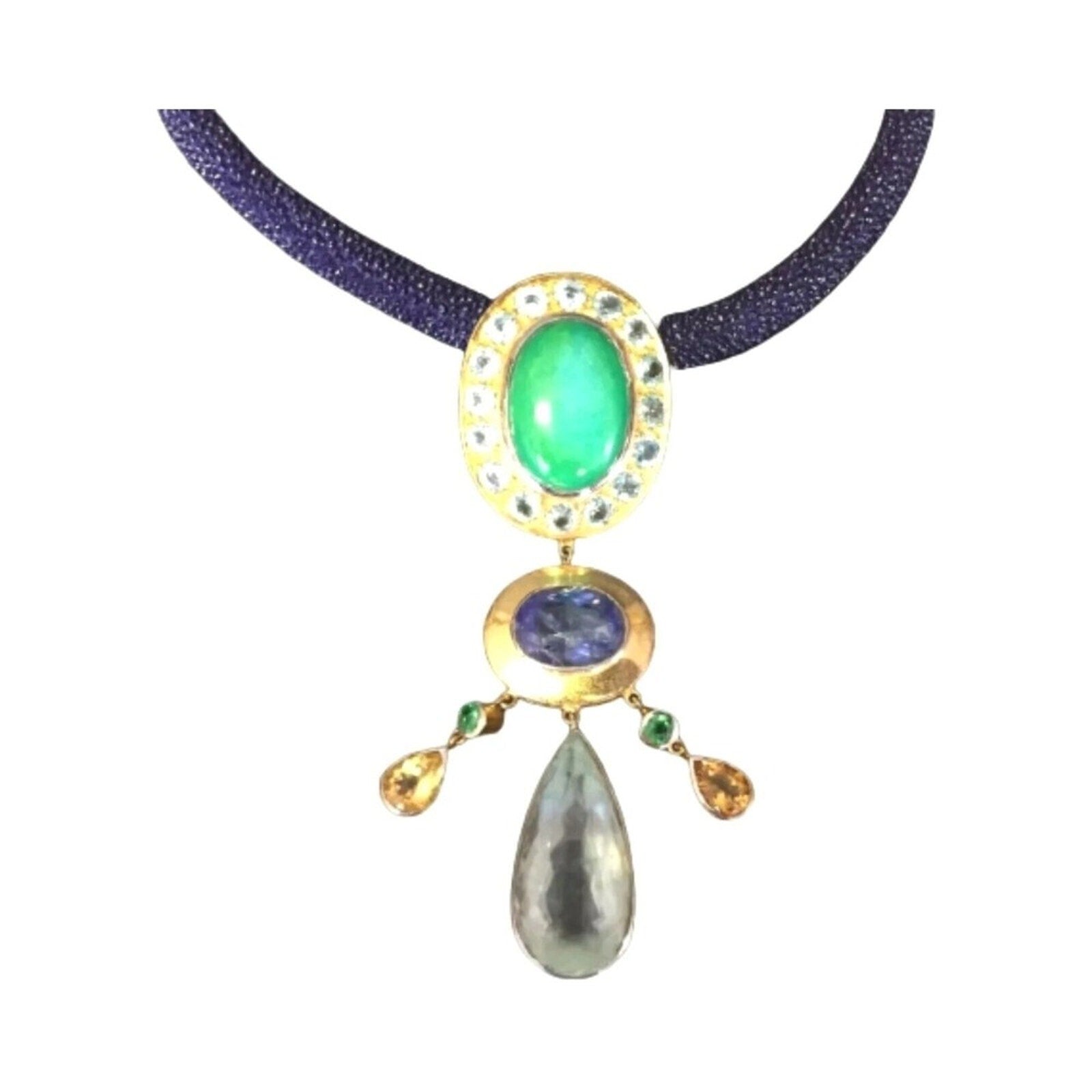 Women's Necklace Vintage Jadeite Tanzanite Aquamarine Stingray Sterling Silver