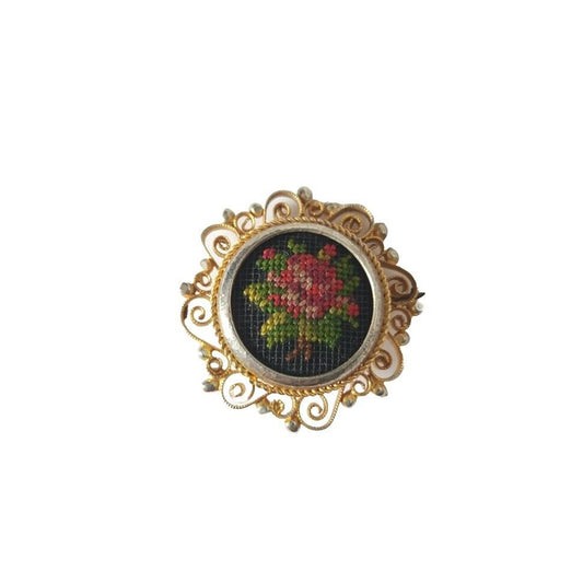 Antique Women's Brooch Pin Needlepoint Rose Gold Tone Art Nouveau Estate Austria