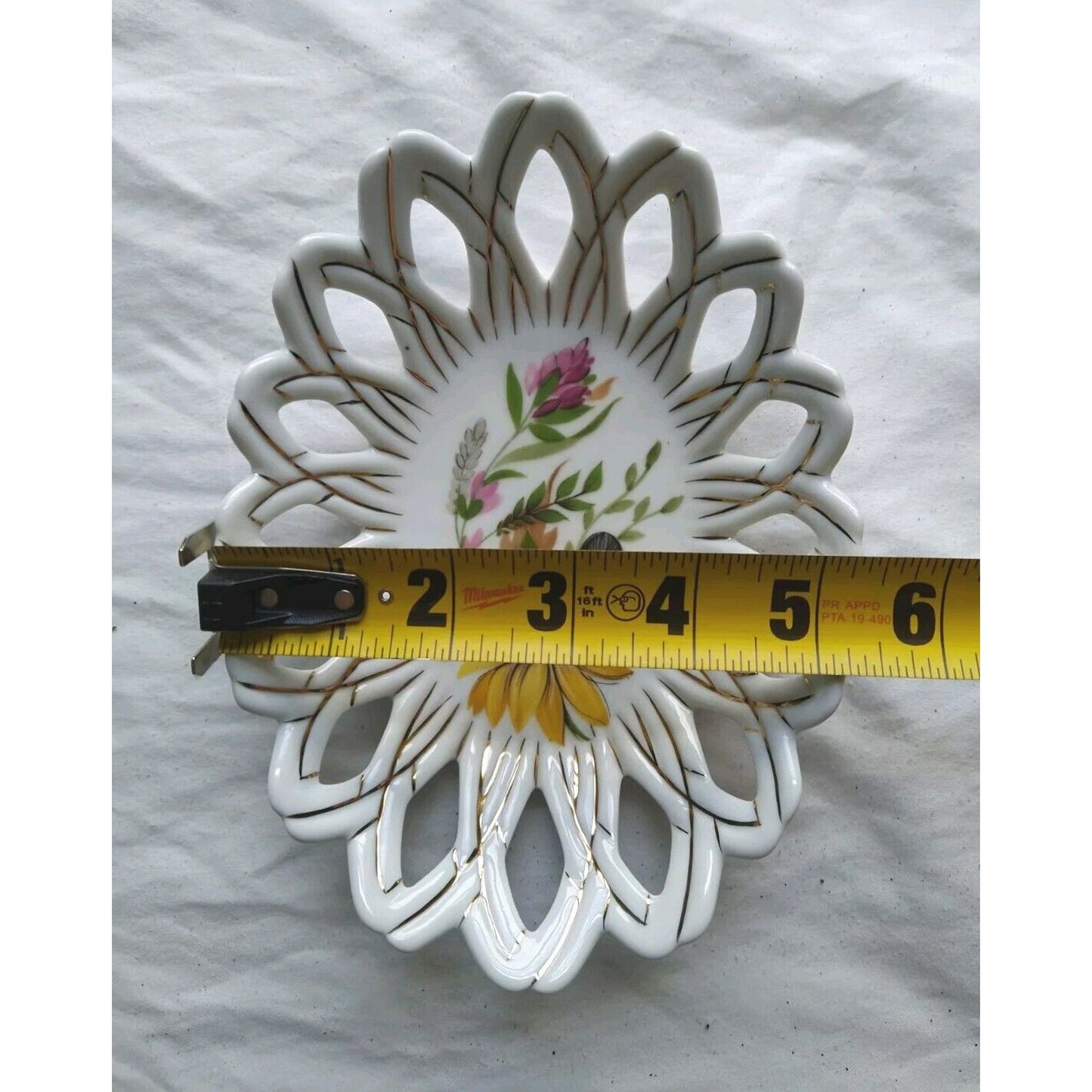 JRJS CLUJ Reticulated Oval Bowl Porcelain Fine China Gold rim Romania Sunflower