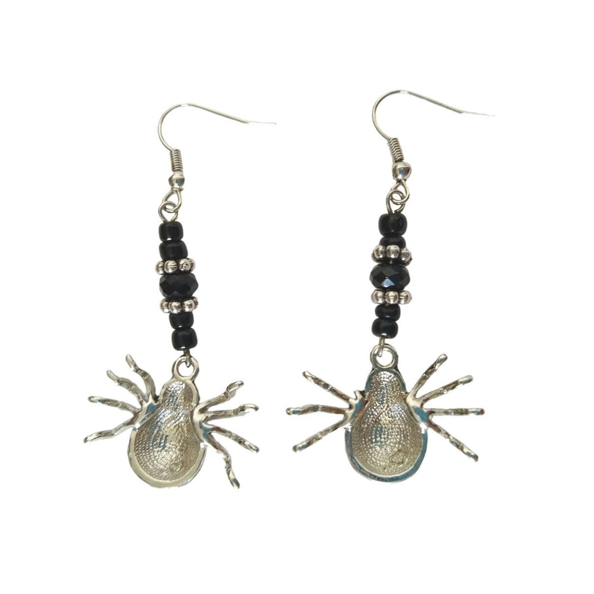 Vintage Black Beads Rhinestones Spyder Dangle Drop Earrings Silver Tone Hook