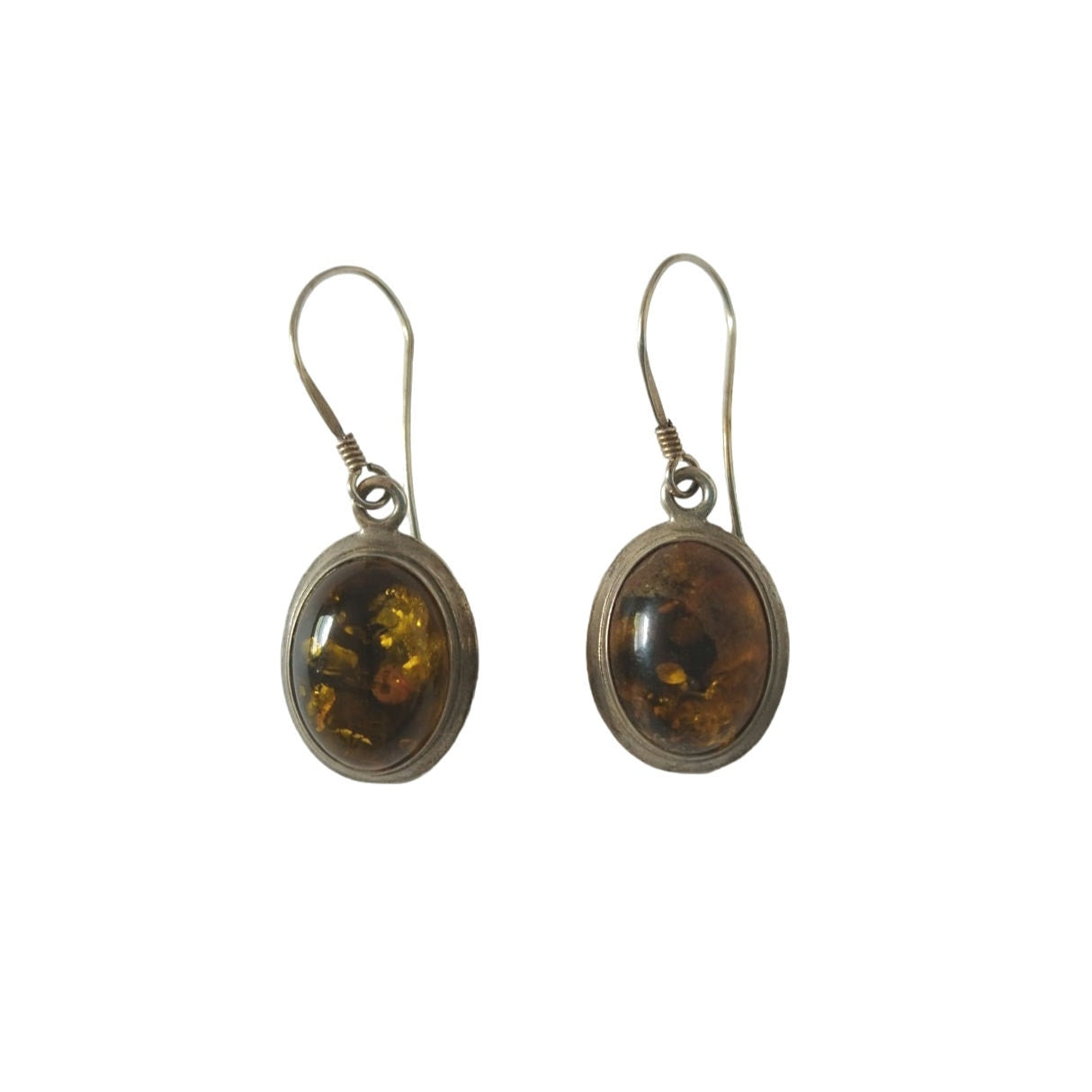 Vintage Signed V-8 Oval Cut Green Amber Dangle Earrings Sterling Silver 925 Hook