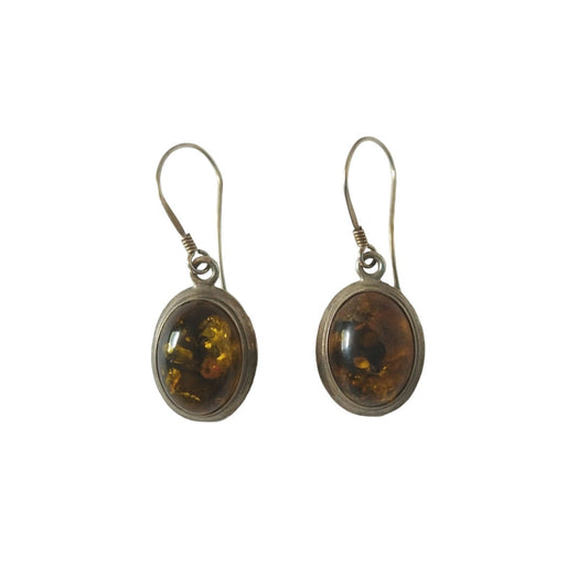 Vintage Signed V-8 Oval Cut Green Amber Dangle Earrings Sterling Silver 925 Hook