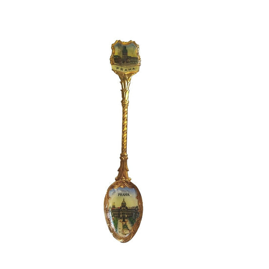 Vintage Souvenir Spoon Praha Czechoslovakia Collectible Gold Tone Enamel