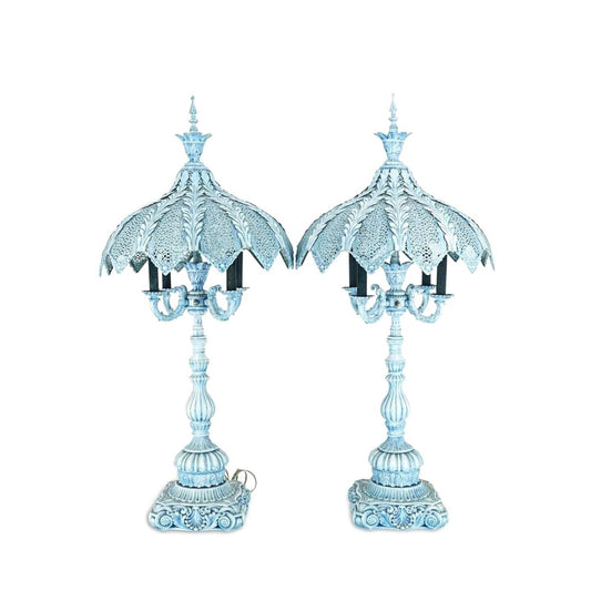Antique Italian Pair Of Turquoise Blue Candelabra Lamp Enamel On Bronze