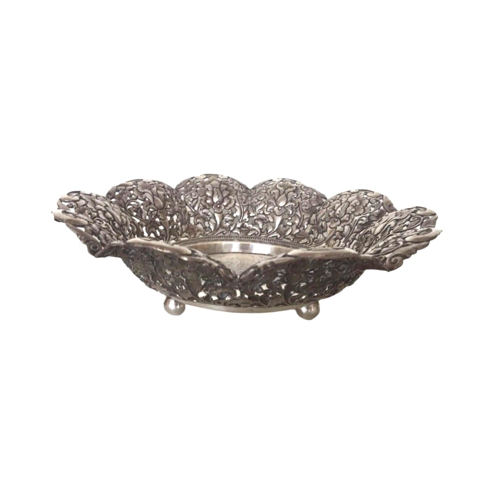 Antique Hanau Pierced Silver Footed Serving Bowl - Floral Orchid Rococo