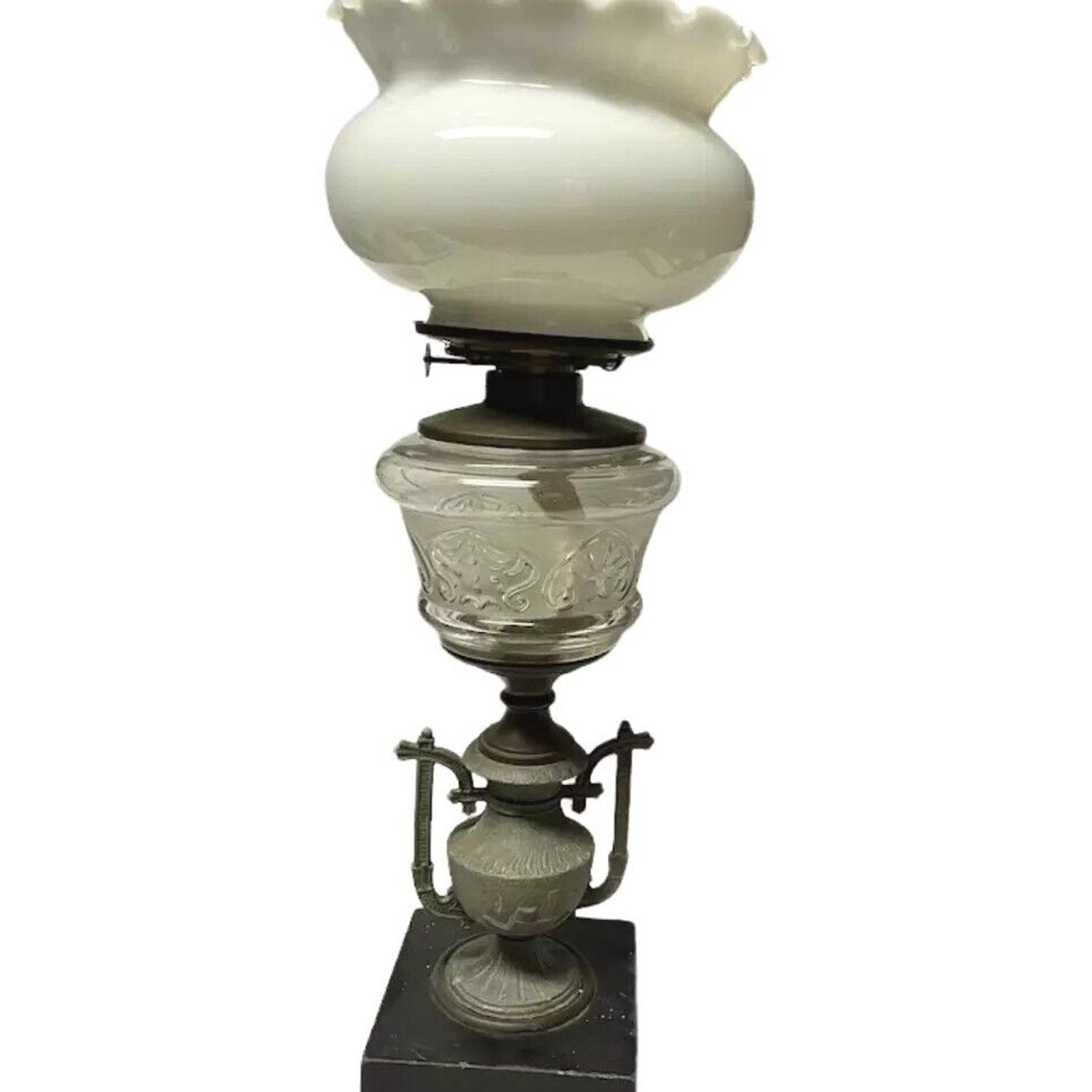 Antique Old Kerosene Oil Table Lamp Milk Glass Etched Glass