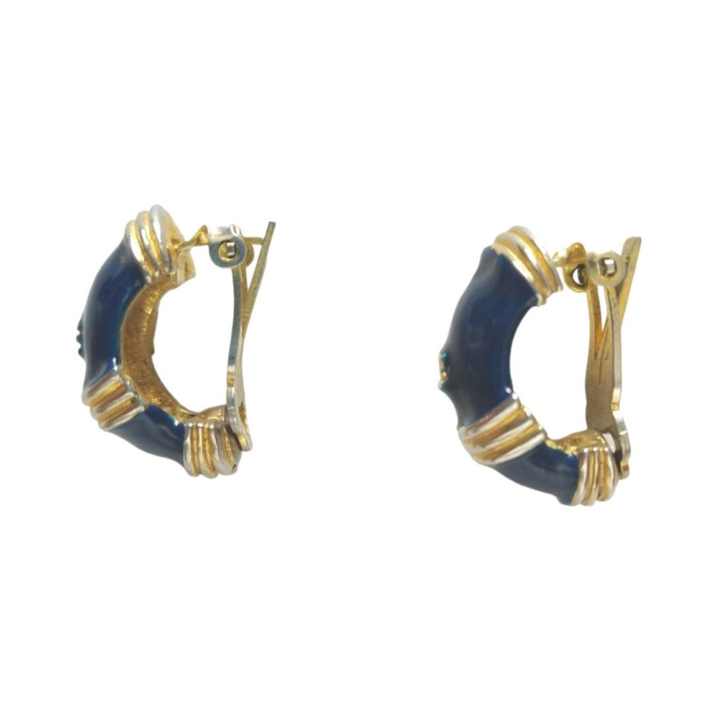 Vintage Navy Blue Enamel Cuffs Domed Stud Earrings Gold Tone Clip On