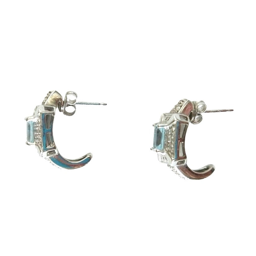 Emerald Cut Blue Topaz Crystals Cuff Stud Earrings Sterling Silver 925 Post