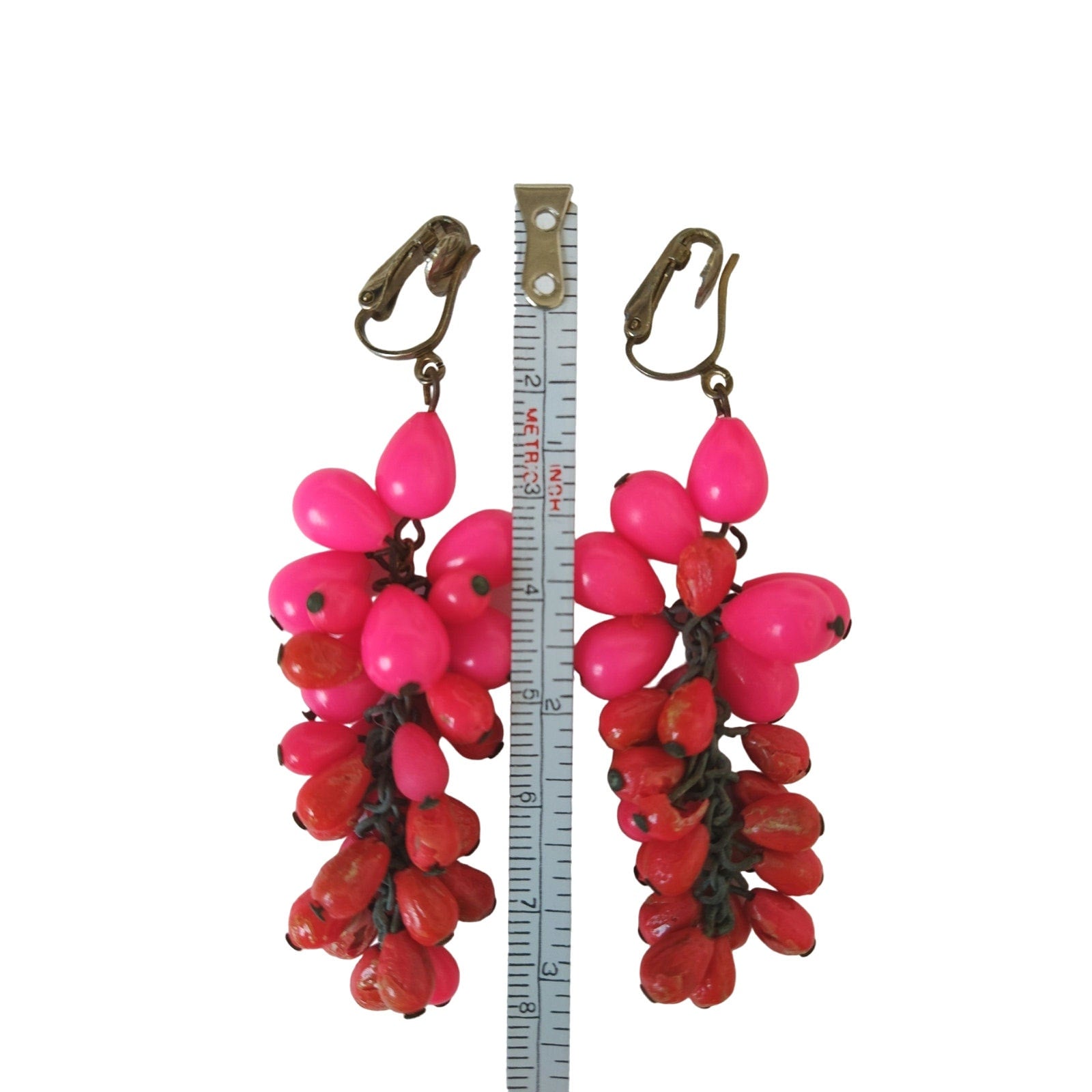 Vintage Red Pink Grape Beads Dangle Earrings Clip On '50s