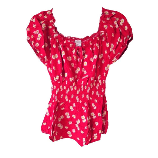 No Boundaries Summer Elastic Sleeve Red Flower T-Shirt Blouse Women's Size M