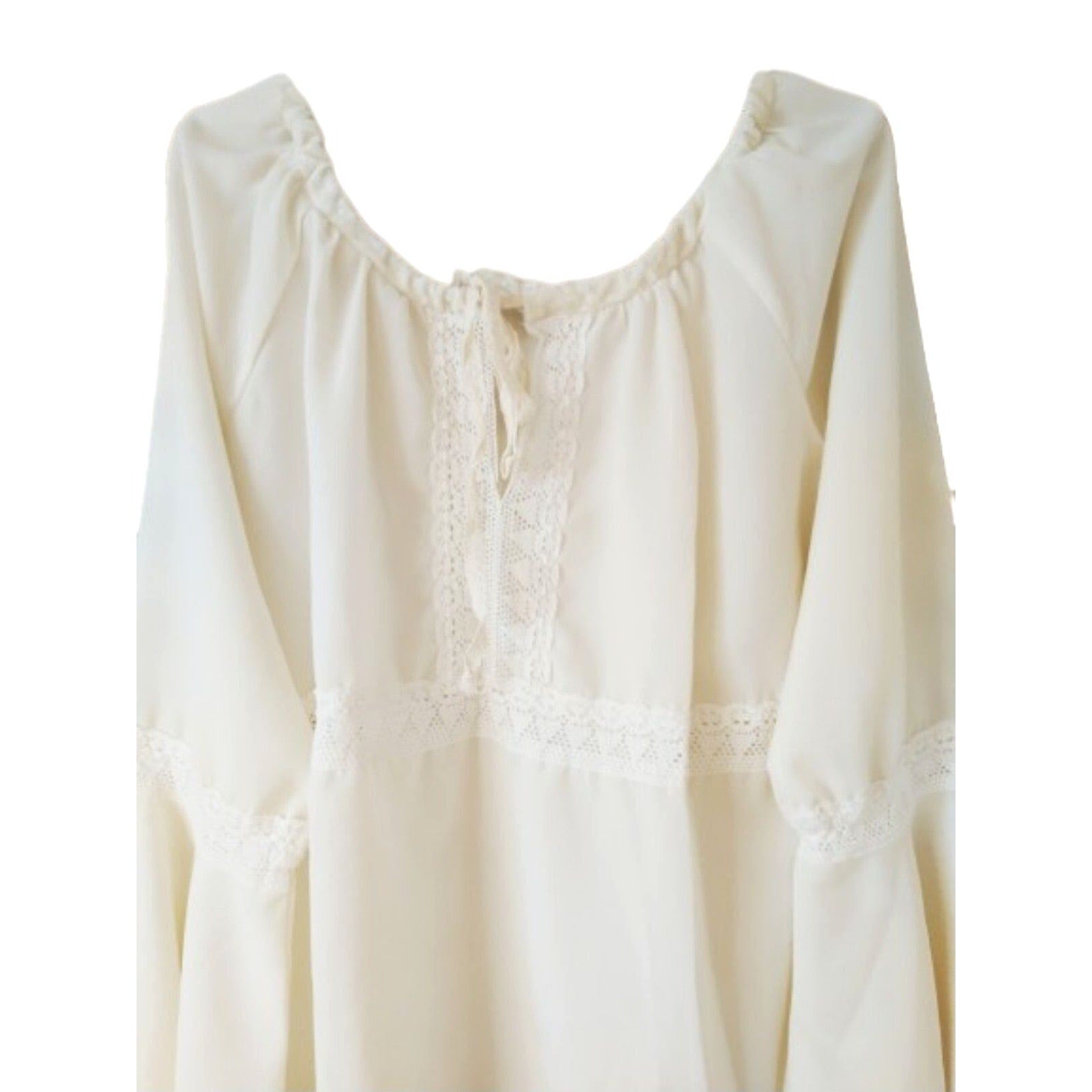 Beige lace crewneck bell long sleeves women's boho blouse top XL