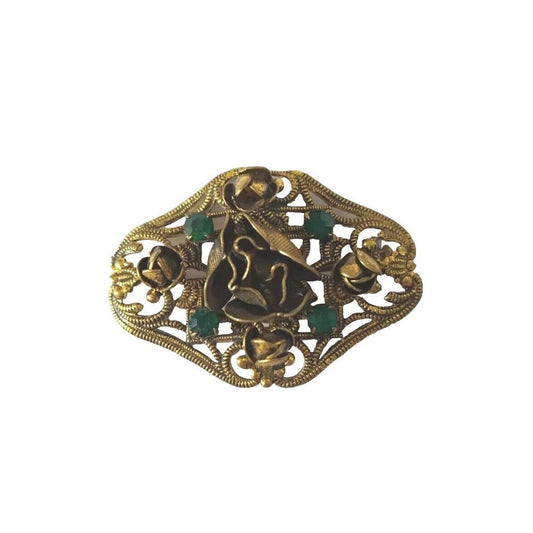 Antique Women's Brooch Pin Rose Green Rhinestones Gold Plated Austria Estate
