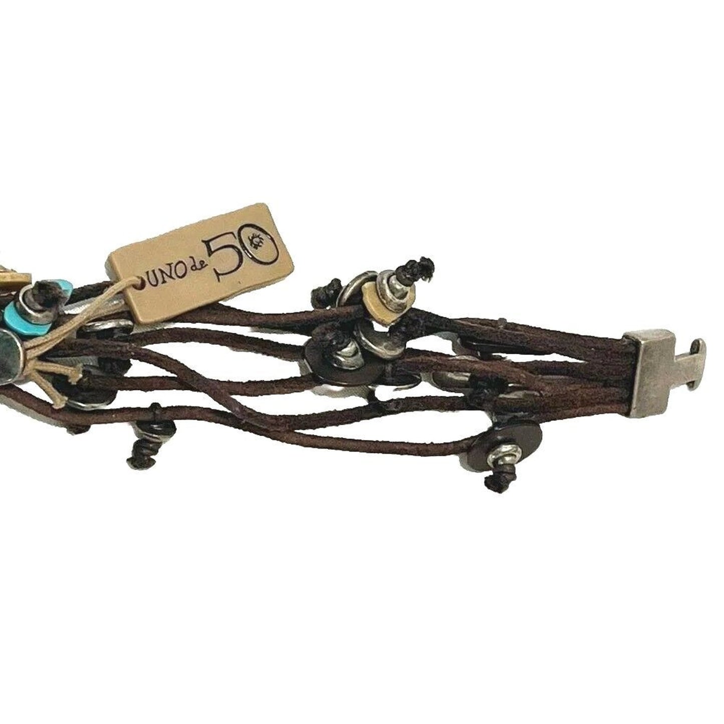 Uno de 50 Unisex Bracelet Silver Brown Leather With Charms Men's Women's Spain