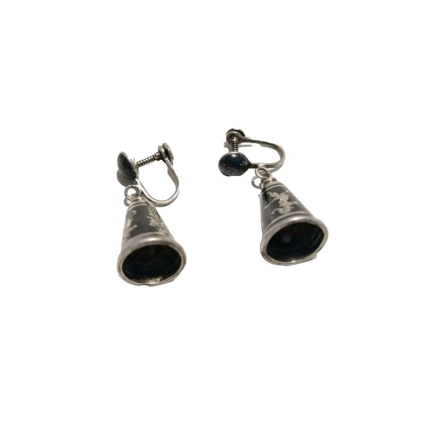 925 Sterling Silver Vintage Siam Niello Hindu Goddess Bell Screw Back Earrings