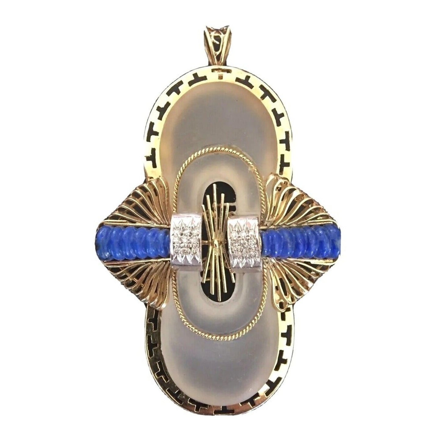 Pendant Brooch 585/14K Yellow Gold White Quartz Lapis Lazuli Diamonds Antique