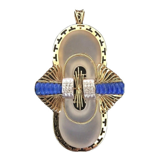 Pendant Brooch 585/14K Yellow Gold White Quartz Lapis Lazuli Diamonds Antique