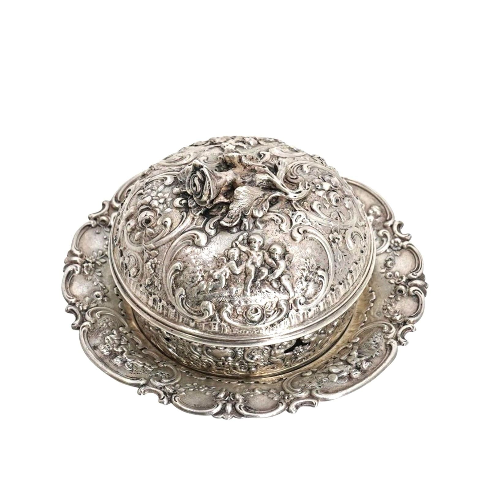 Antique German Lidded Bowl Underplate 800 Silver Angels Floral Flower Repousse