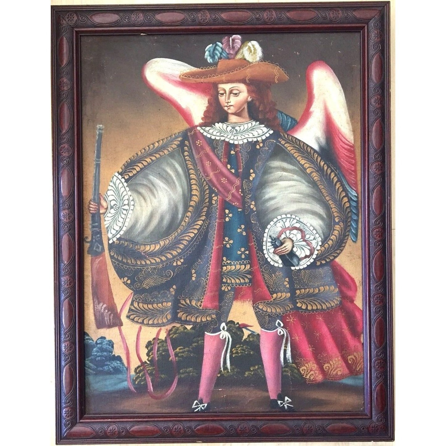 Cusco Peru Painting Archangel Warrior Acabucero Antique Art Oil on Canvas Framed