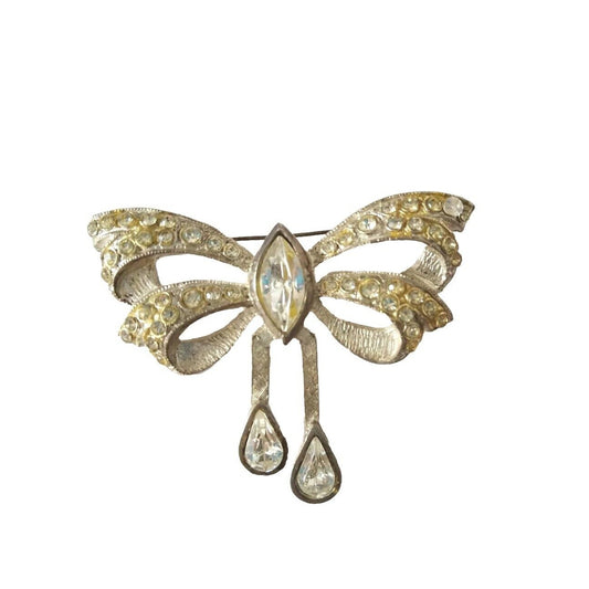 Vintage Women's Brooch Pin Rhinestones Bow Silver Plated Estate Fashion Jewelry