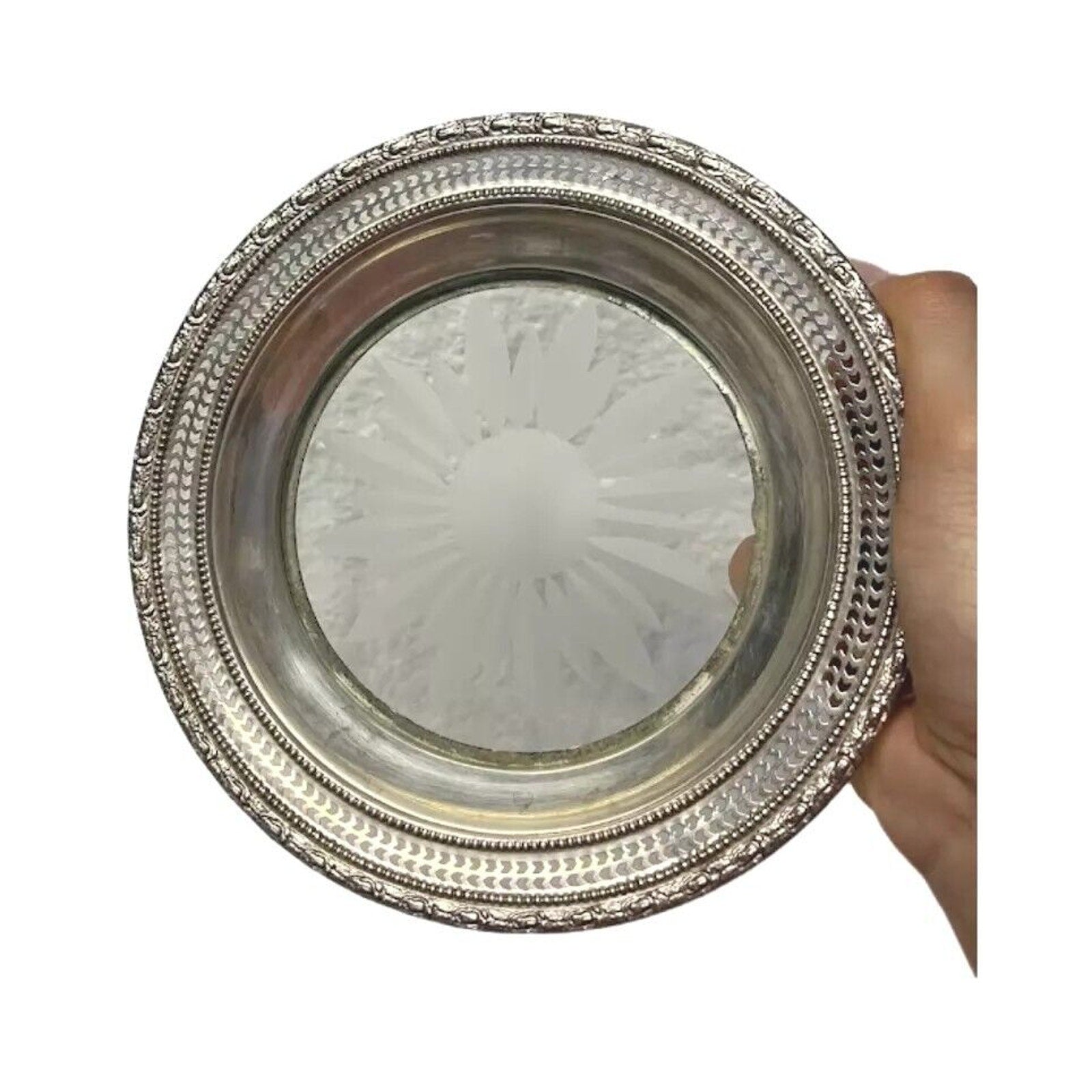 Vintage Frank Whiting Bottle Coaster Saucer Sterling Silver & Crystal Glass 6.5"