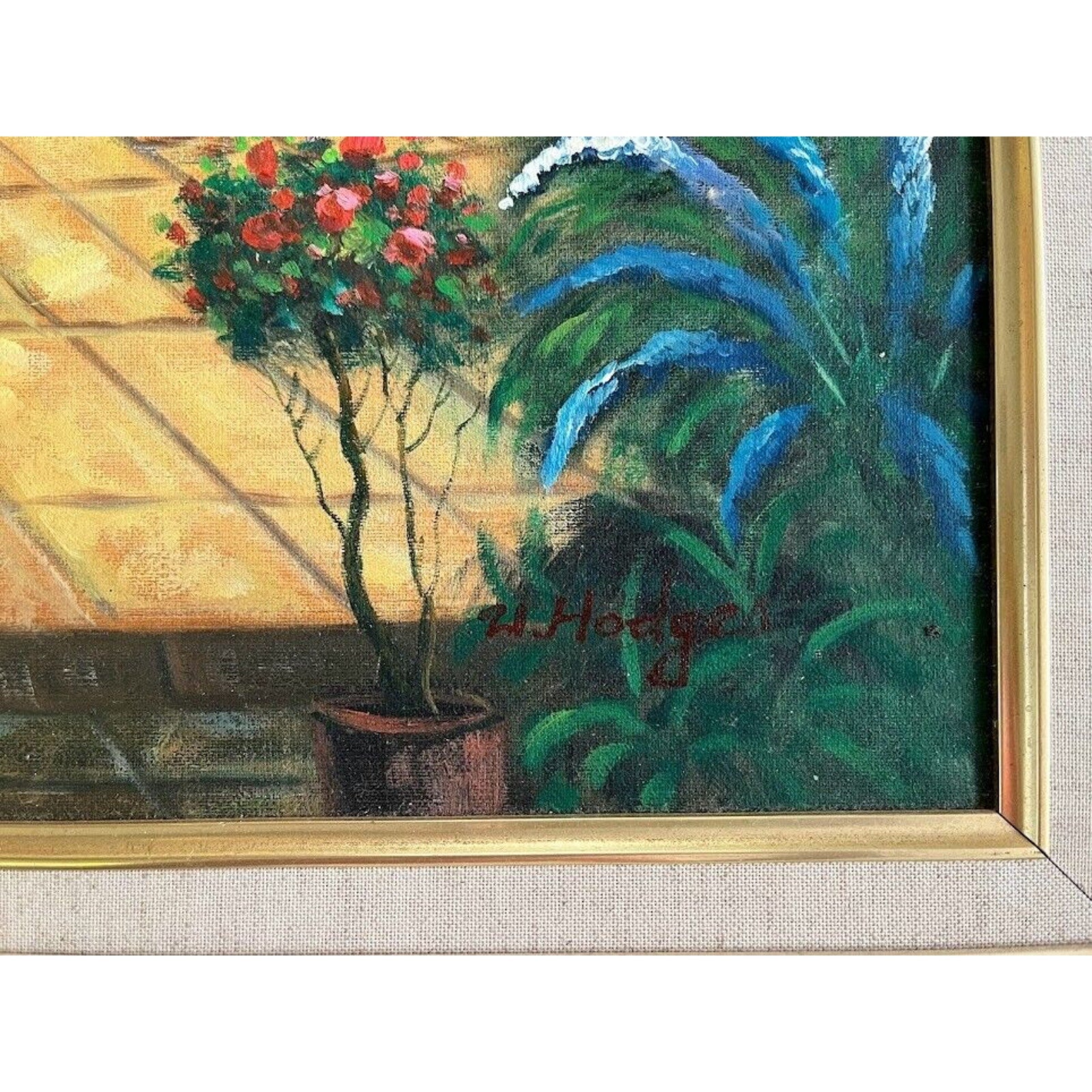 Original W. Hodges Painting Oil On Canvas Garden Colorful Flowers Signed Framed