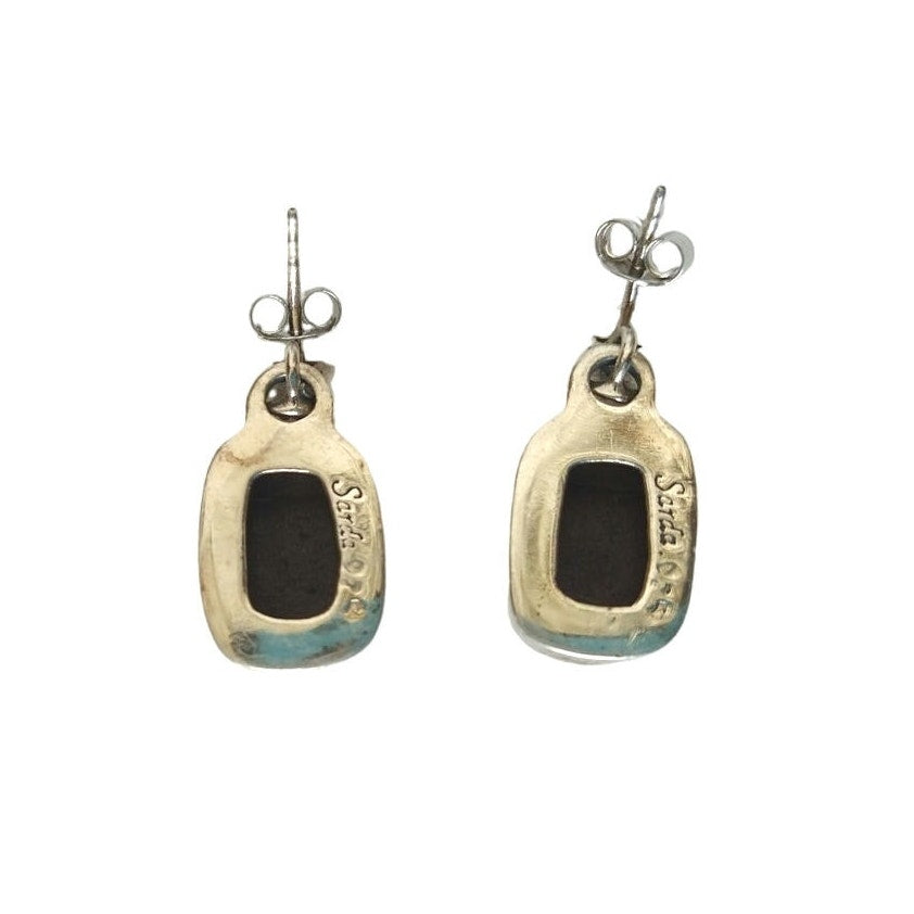 Vintage Sarda Cushion Cut Green Turquoise Dangle Earrings Sterling Silver 925