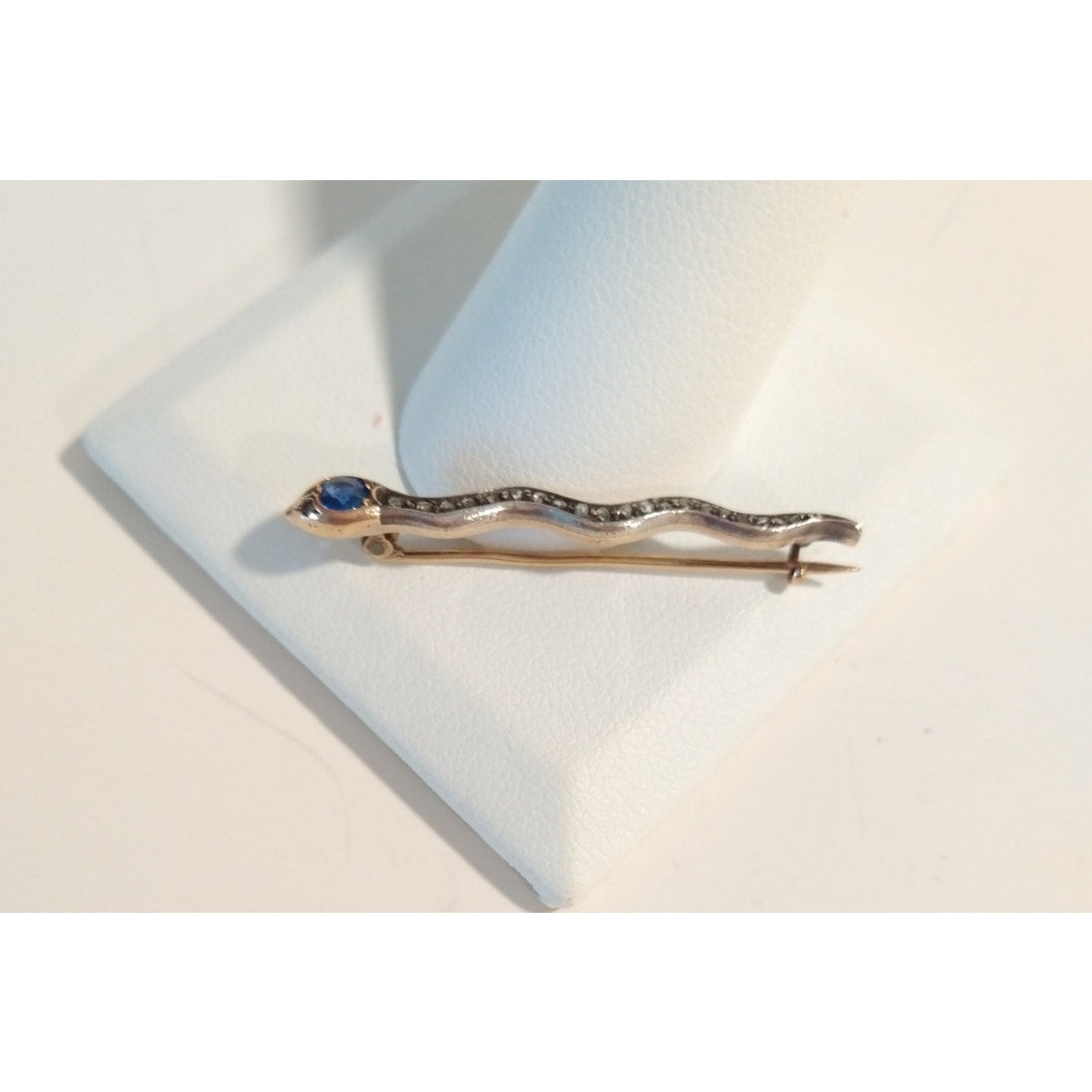Antique Snake Brooch Pin Round Cut Blue Sapphire Diamonds 14K White/Yellow Gold