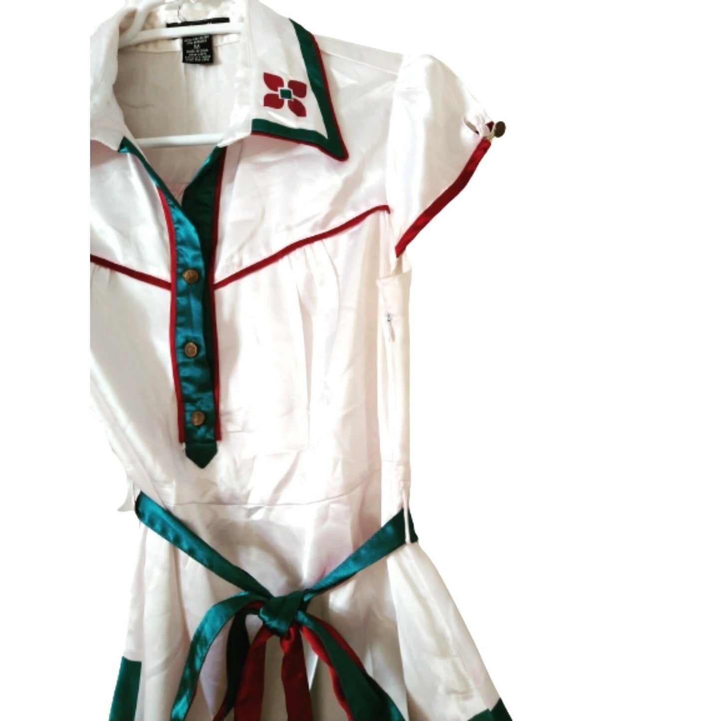 Azwell white satin t-shirt tunic short sleeve dark green -burgundy trims M