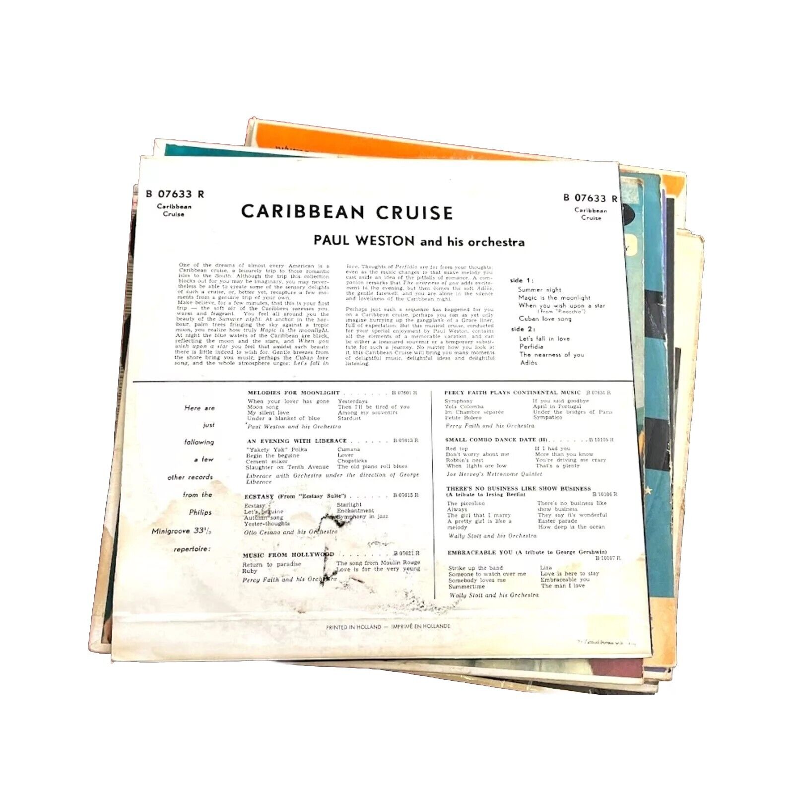 Paul Weston- Caribbean Cruise B 07633 R Vinyl Lp Record