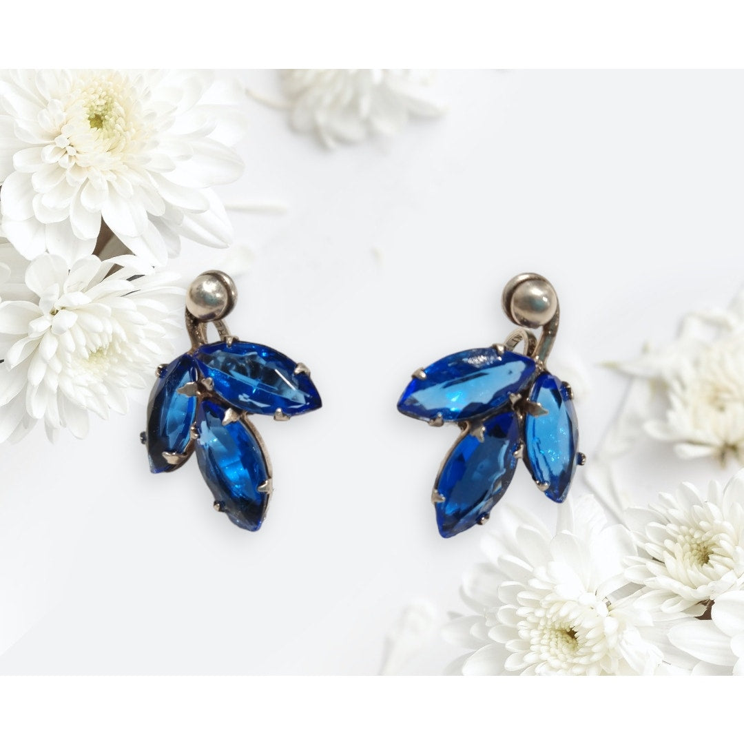Vintage Blue Crystal Marquise Cut Solid Sterling Silver 925 Stud Earrings