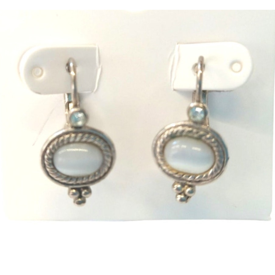 Vintage Oval Round Cut Mother Of Pearl Crystal Dangle Earrings Sterling Plated