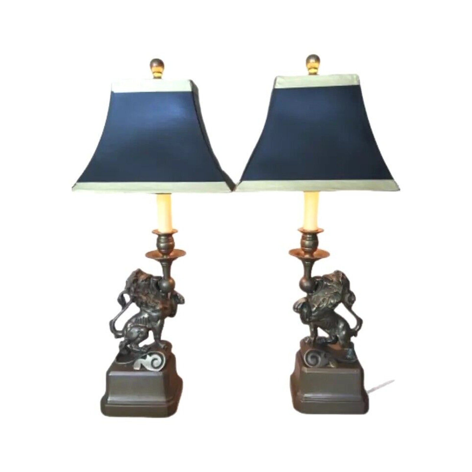 Art Deco French Table Lamp Brass Figural Prancing Lions Candelabra Black Shades