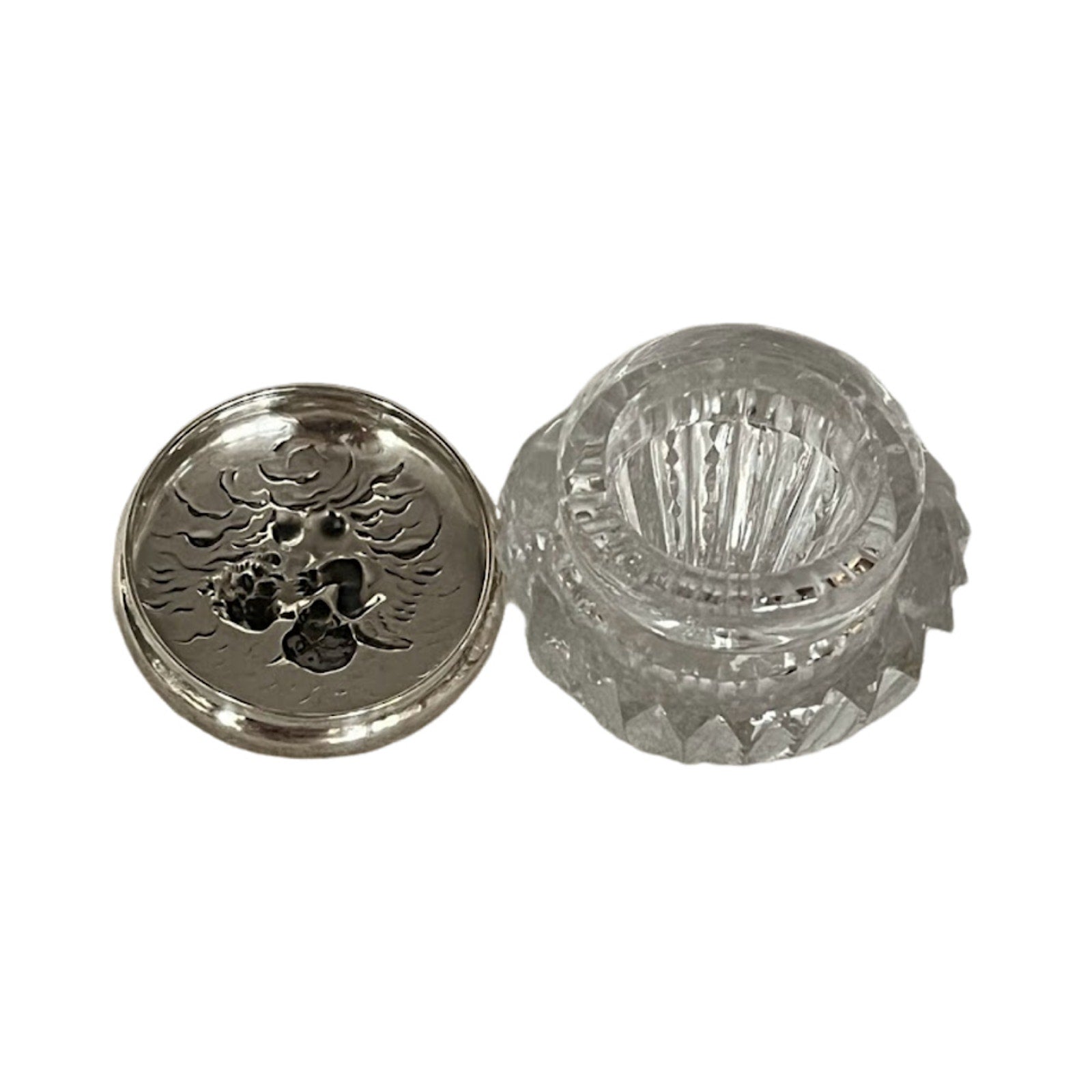 Unger Bros Crystal Powder Jar Repousse Love's Dream Art Nouveau Sterling Silver