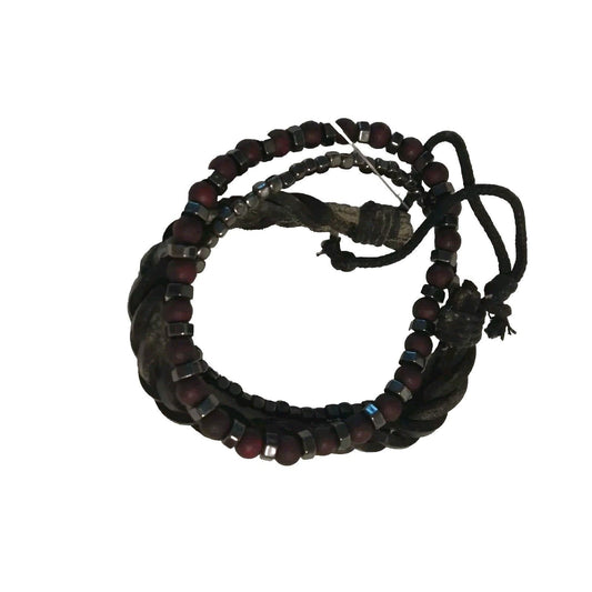 3 PCs Beaded Bracelet Hematite Cherry Wood & Black Leather Multilayer