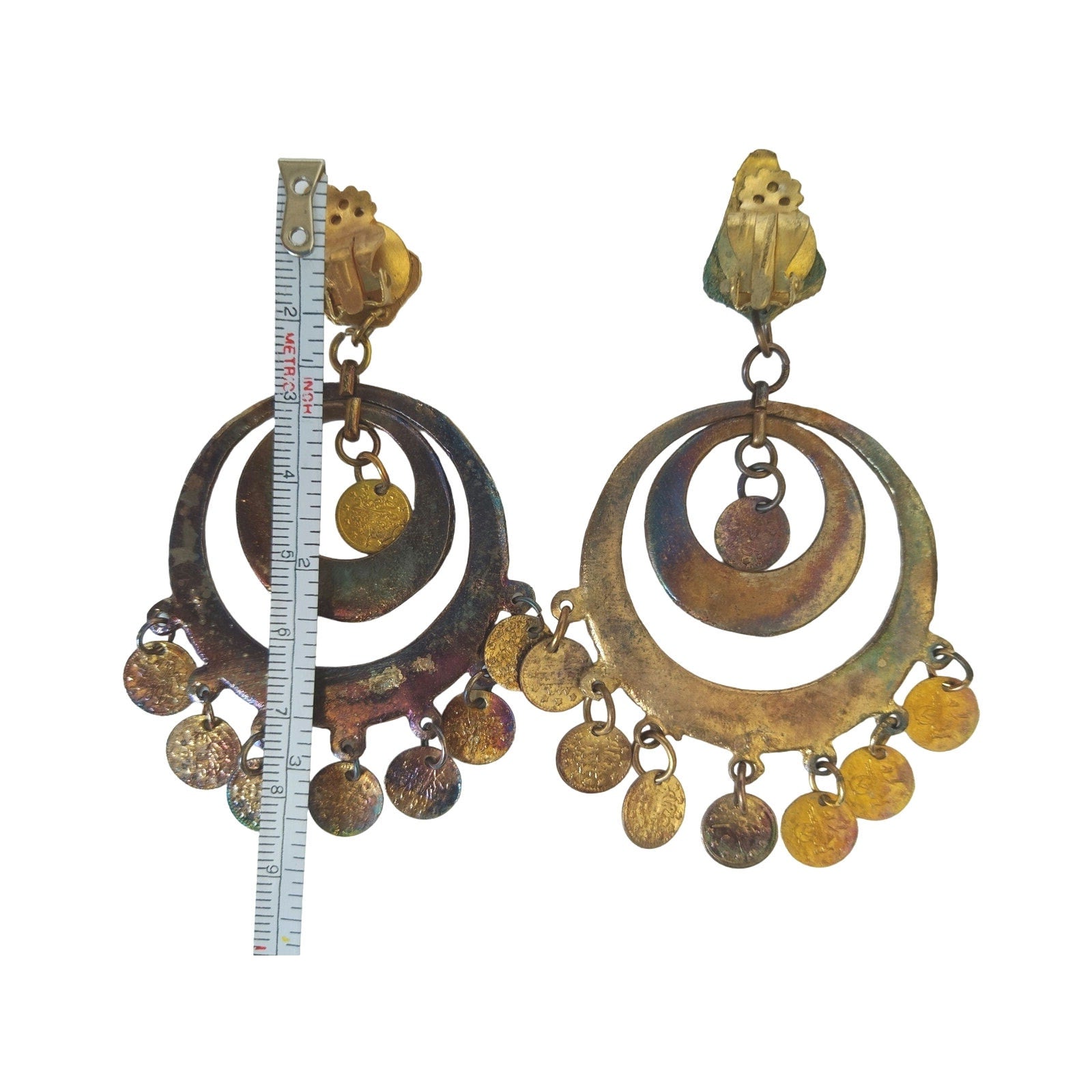 Vintage Arabic Coins Copper Tone Chandelier Dangle Earrings Clip On Oriental