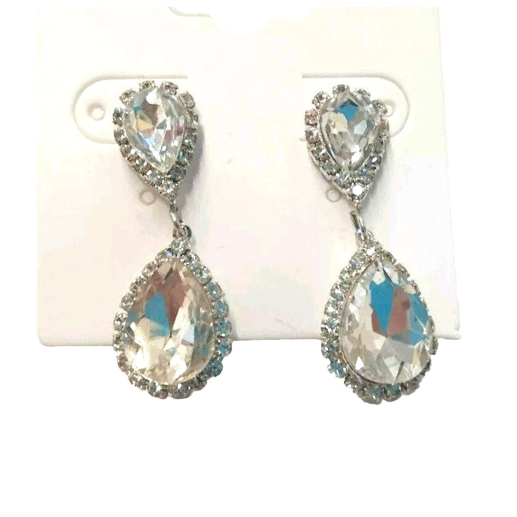 Pear Cut Cubic Zirconia Crystals Dangle Pierced Earrings Silver Tone Wedding