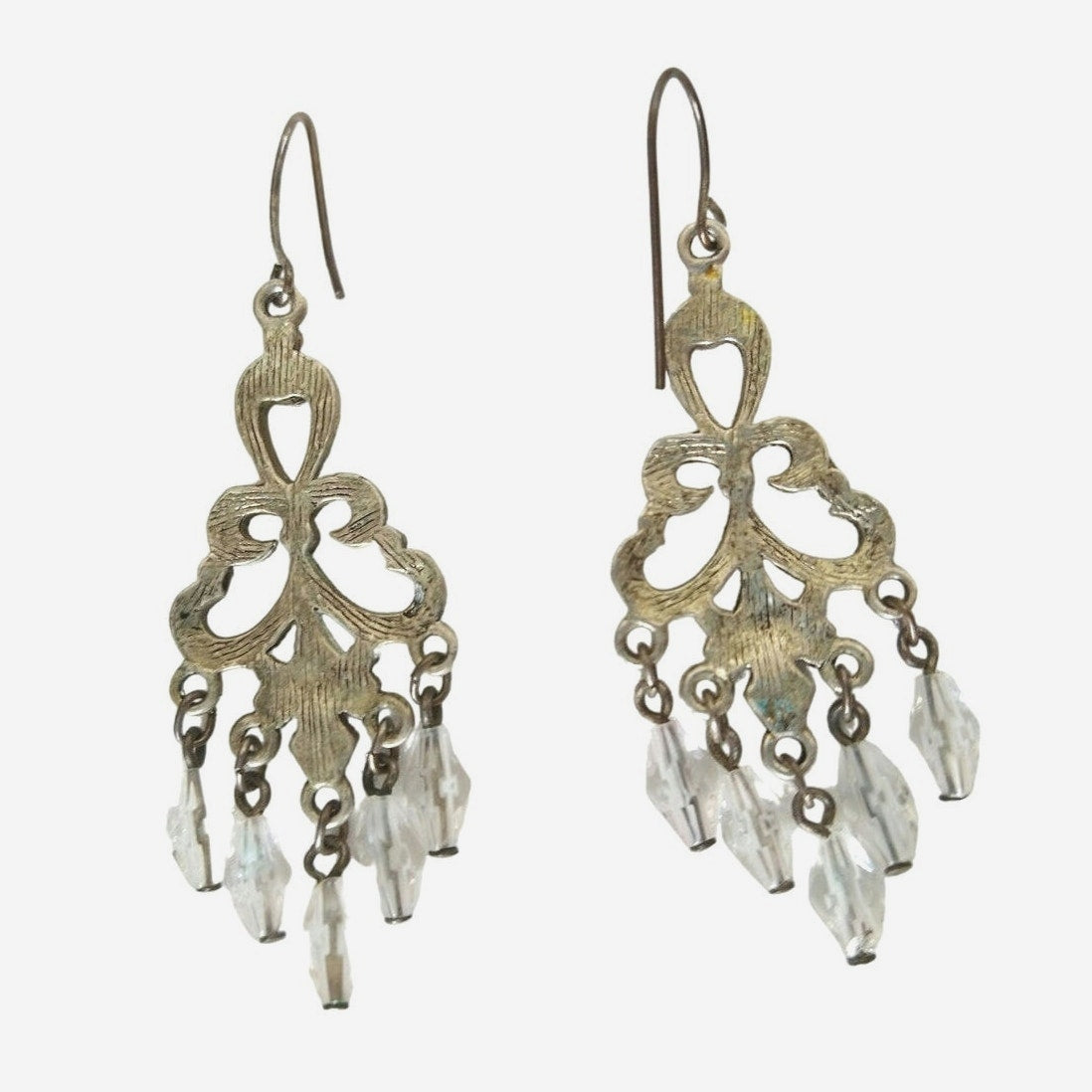 Vintage Oval Cut Pink Rhinestones Dangle Chandelier Earrings Silver Tone Hook