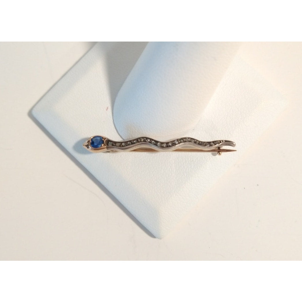 Antique Snake Brooch Pin Round Cut Blue Sapphire Diamonds 14K White/Yellow Gold
