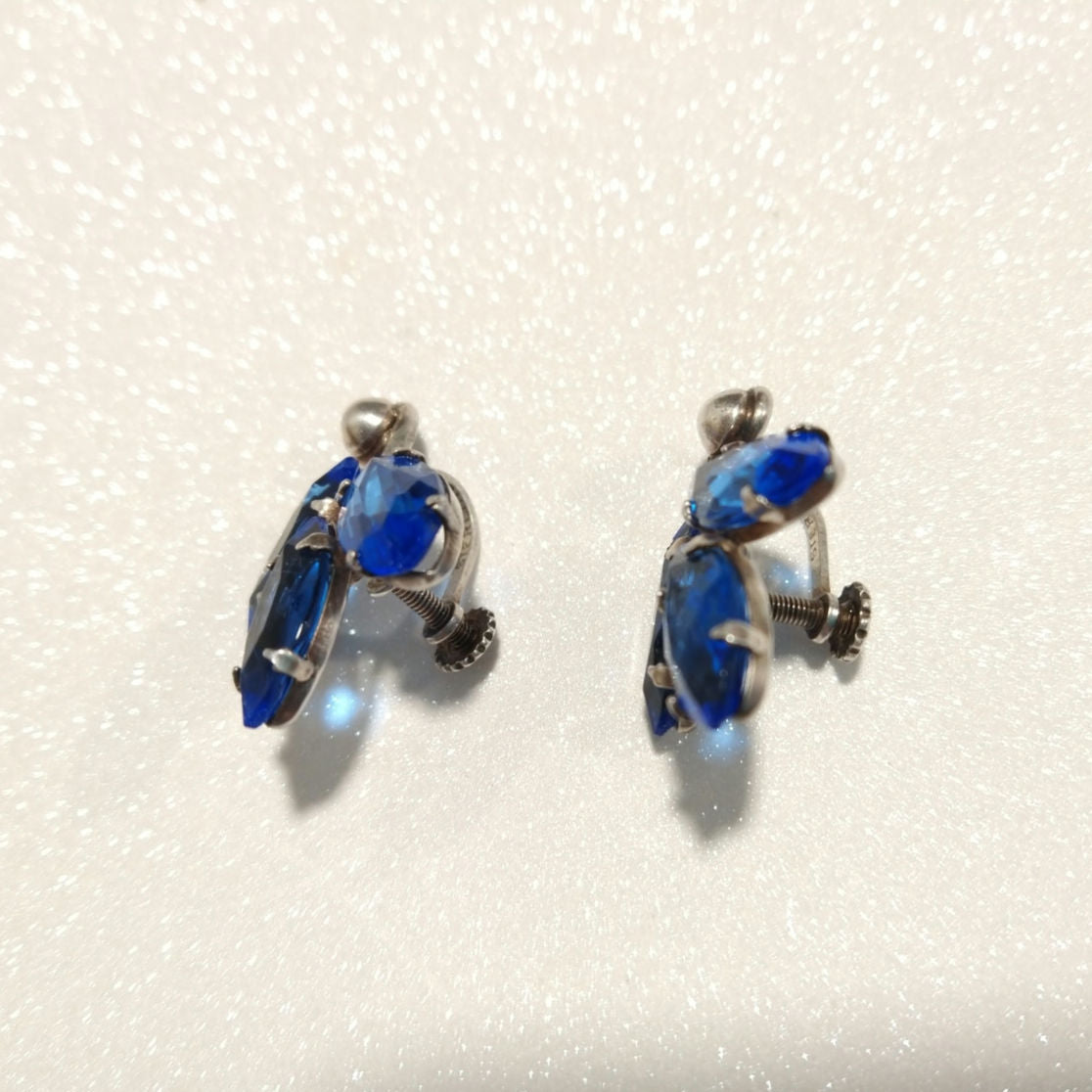 Vintage Blue Crystal Marquise Cut Solid Sterling Silver 925 Stud Earrings
